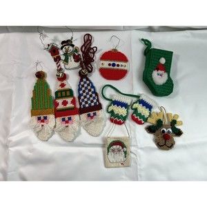 Lot of 9 Vintage YARN Hand Crafted Christmas Ornaments Needlepoint‎ on Canvas